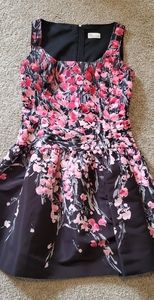 RED Valentino Black Floral Print Taffeta Pleated Waist Short Dress